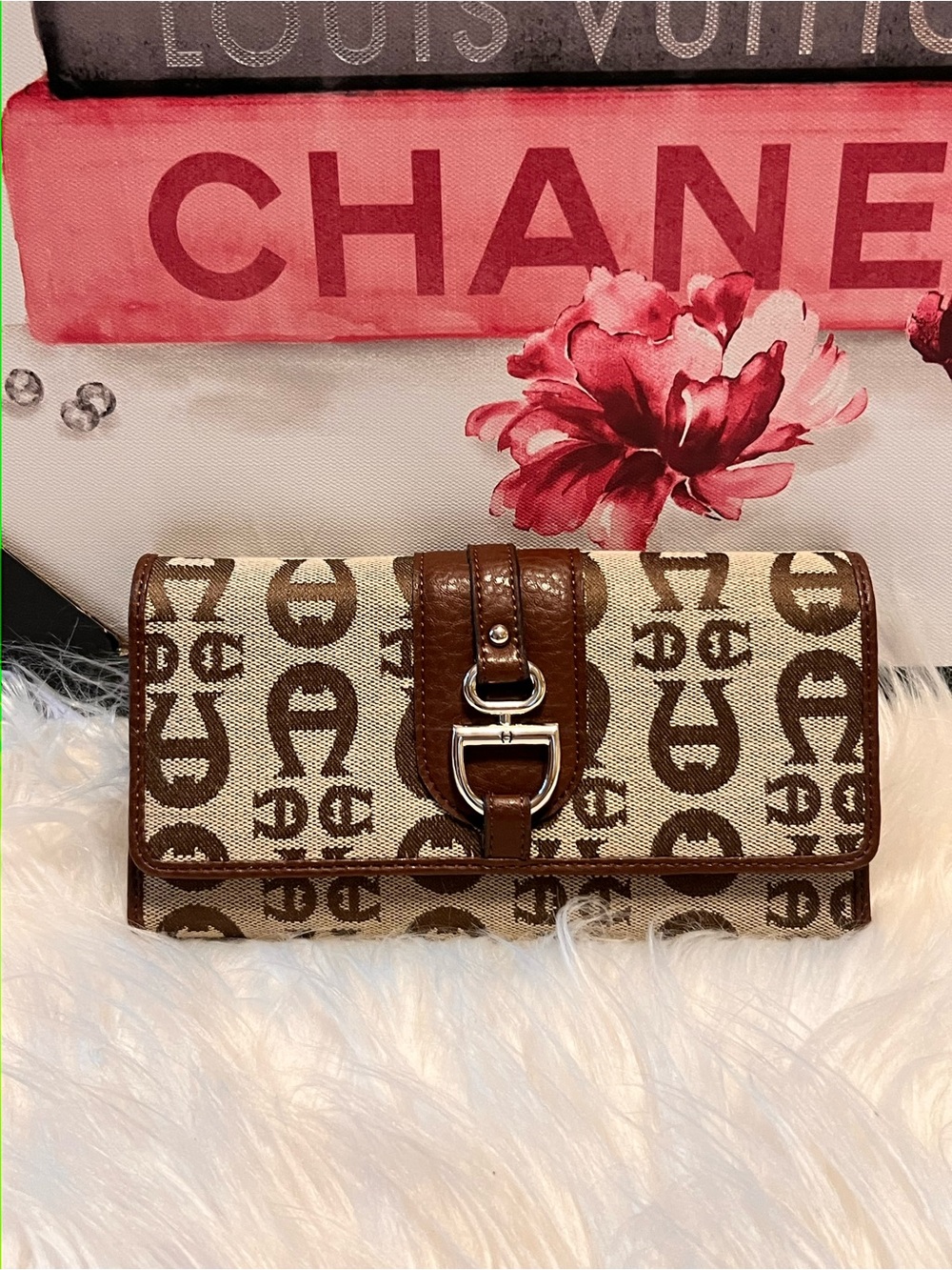 Etienne Aigner Brown and Cream Signature Canvas Wallet Clutch with Buckle